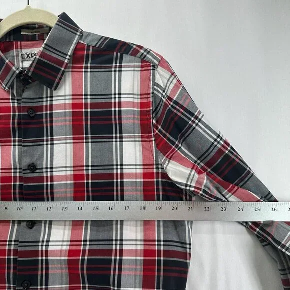 Express Shirt Mens M 15-15.5 Fitted Plaid Button Up Long Sleeve Cotton Red Gray - Picture 9 of 11